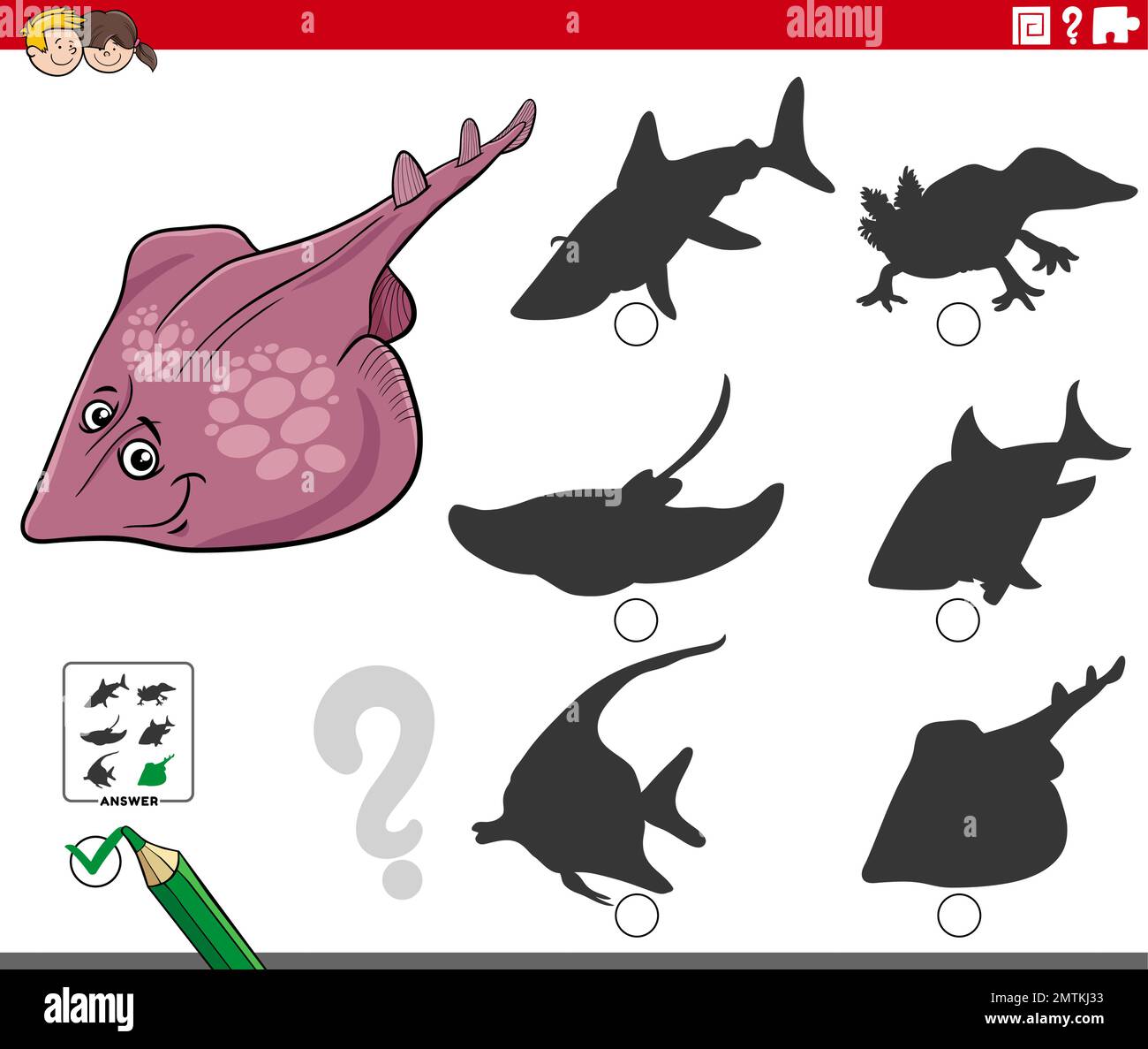 Illustration de dessin animé de trouver la bonne image à l'ombre du jeu éducatif pour les enfants avec le poisson xyster ou le personnage animal de guitariste Illustration de Vecteur