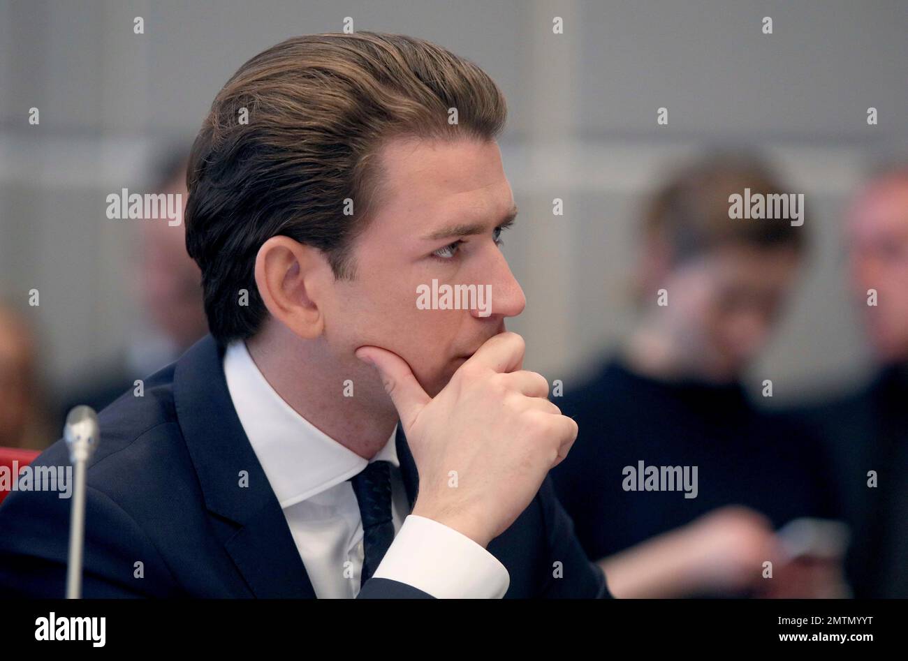 Austrian Foreign Minister Sebastian Kurz listens during a conference on terrorism of the Organization for Security and Cooperation in Europe, OSCE, at the Hofburg palace in Vienna, Austria, Tuesday, May 23, 2017. (AP Photo/Ronald Zak) Banque D'Images