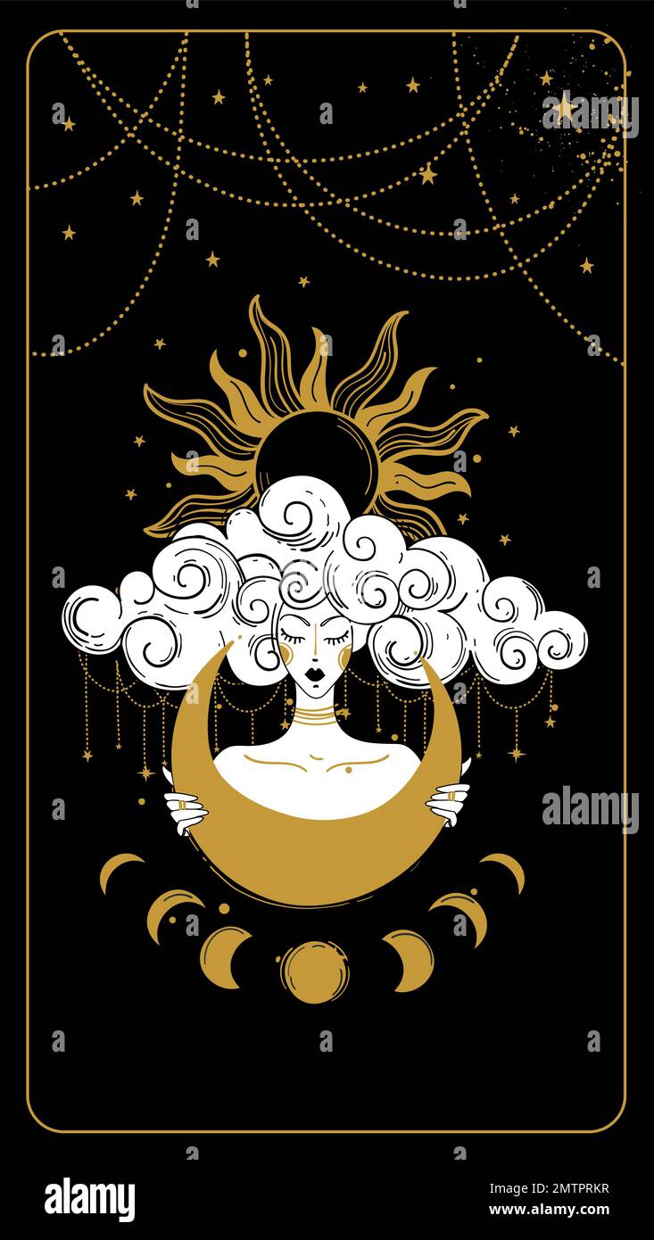 Femme mystique astrologique avec soleil et lune, tatouage sorcière, carte de tarot, signe du zodiaque. Illustration du vecteur magique sur fond ciel Illustration de Vecteur