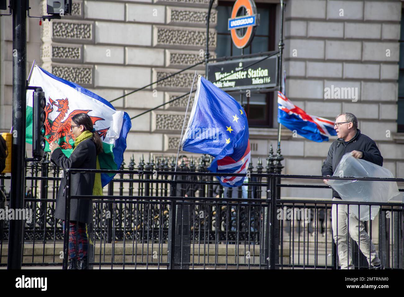 Londres, Royaume-Uni – 1 février 2023 : alors qu'aujourd'hui marque le troisième anniversaire du Brexit, certains manifestants anti-brexit ont manifesté en dehors du Parlement, demandant aux députés de rejoindre à nouveau l'UE. Credit: Sinai Noor/Alay Live News Banque D'Images