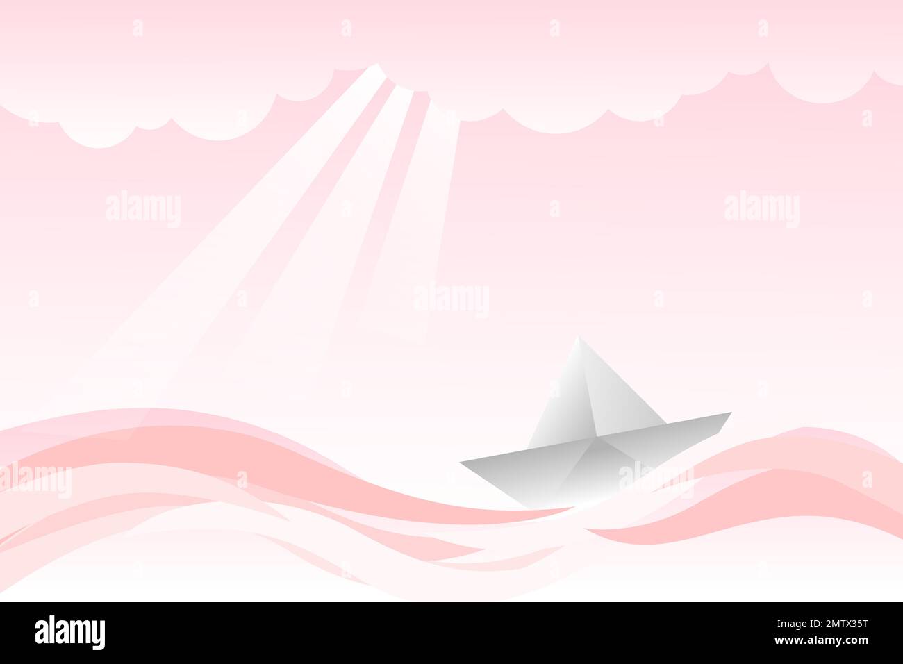 illustration vectorielle de l'origami bateau en papier dans la mer avec le soleil, couleur rose thème, personne pas de personnes.voyage de la vie concept. Illustration de Vecteur