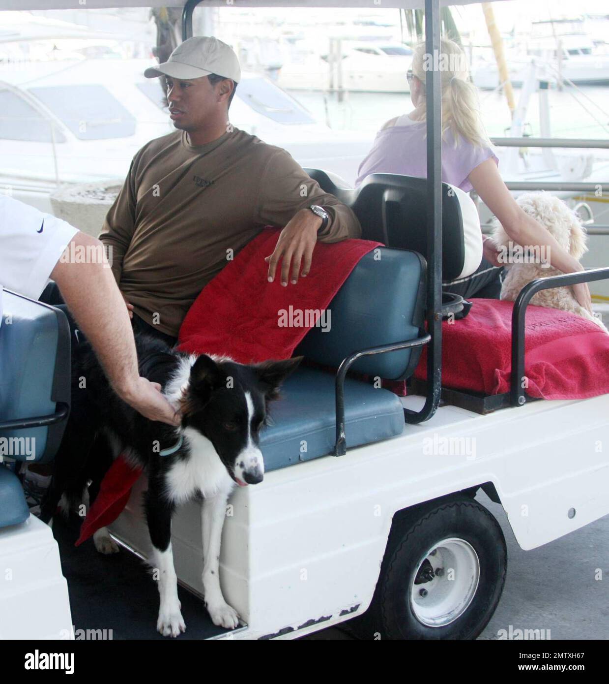 Exclusif !! La superstar du golf Tiger Woods et sa femme Elin font une pause de leur yacht « Privacy » pour aller à une salle de sport locale. Même si Elin est enceinte et montre, elle aime toujours s'entraîner et garder la forme. Miami Beach, FL, 3/25/07 Banque D'Images