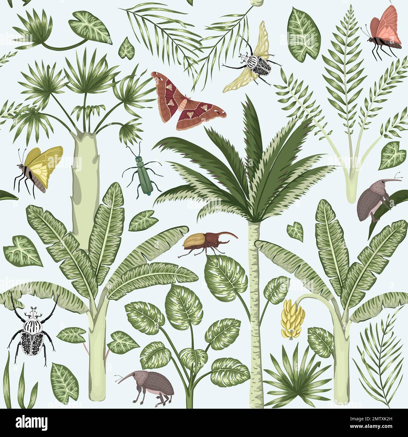 Motif vectoriel sans couture avec plantes tropicales et insectes. Vintage été mignon répéter toile de fond. Papier peint de jungle exotique Illustration de Vecteur