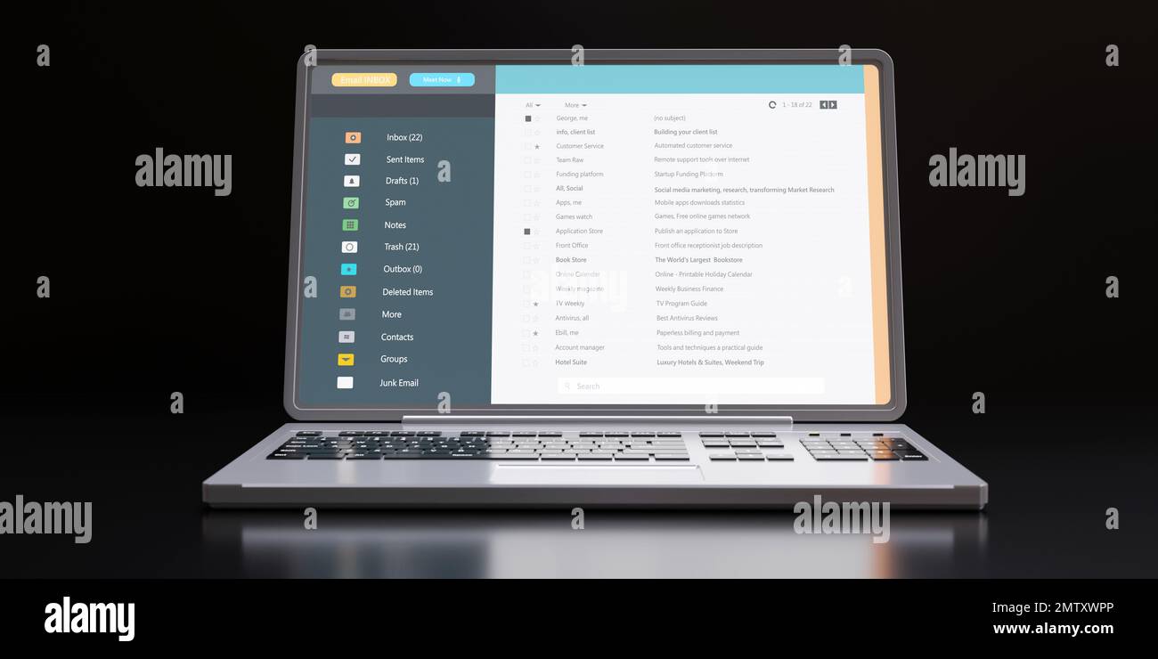 Liste de courrier client sur l'écran de l'ordinateur portable isolé en noir. Communication par e-mail. 3d rendu Banque D'Images