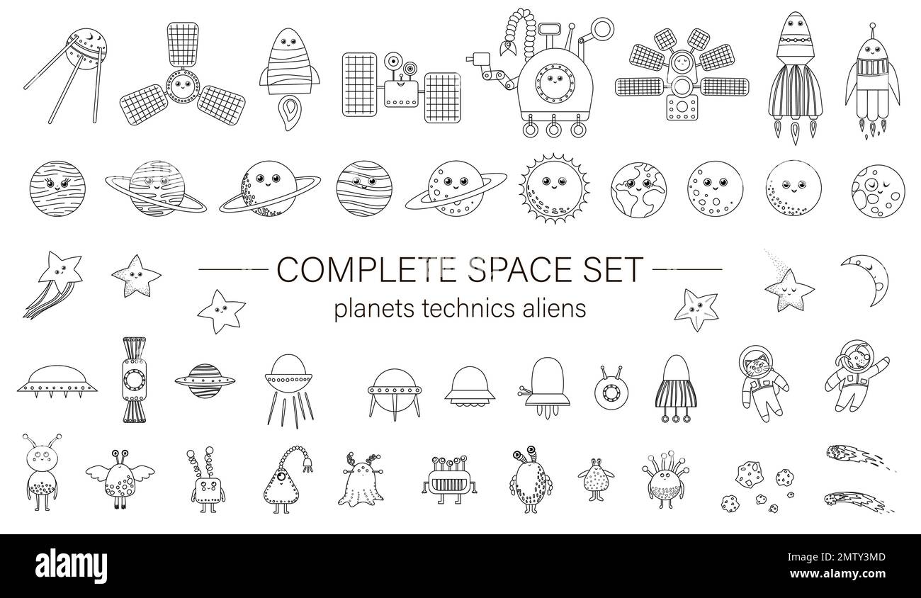 Grand ensemble vectoriel d'éléments d'espace pour les enfants. Collection de dessins au trait de vaisseau spatial, satellite, vaisseau spatial, planètes, astronautes, star, ovni, météore, co Illustration de Vecteur