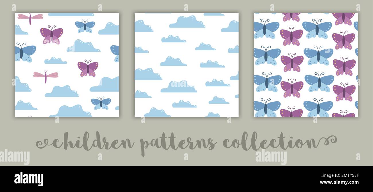 Ensemble de motifs vectoriels sans couture pour les enfants. Fond de dessin animé plat avec papillons, nuages, libellules. Jolie illustration bleue et rose. Illustration de Vecteur