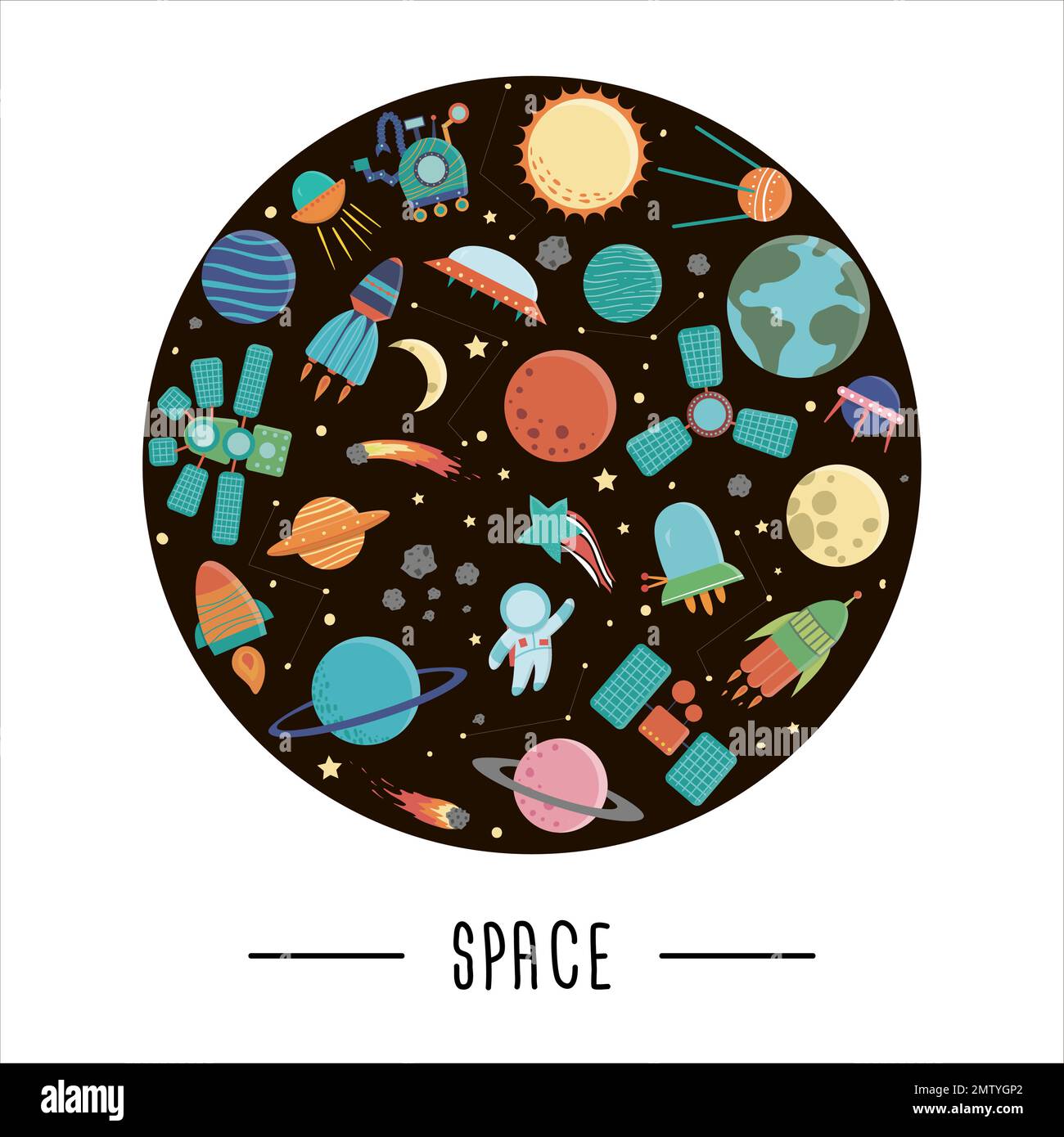 Ensemble vectoriel d'éléments de l'espace extérieur mignon avec vaisseau spatial, planètes, étoiles, ovni pour enfants encadré en cercle. Illustration de Vecteur