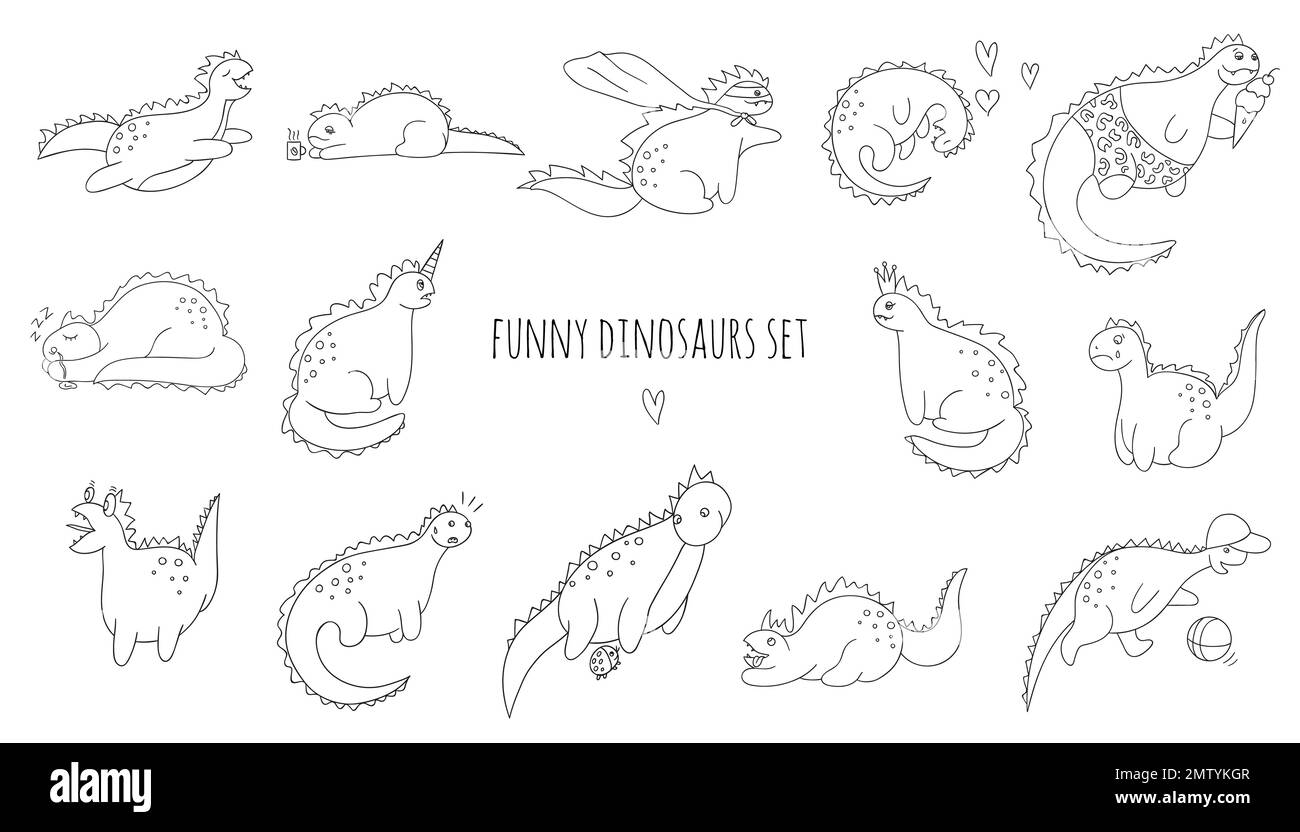 Ensemble vectoriel de dinosaures noir et blanc drôle dans différentes poses. Concept de dino comique en style dessin animé. Dessin de lignes Doodle de reptiles sarcastiques Illustration de Vecteur