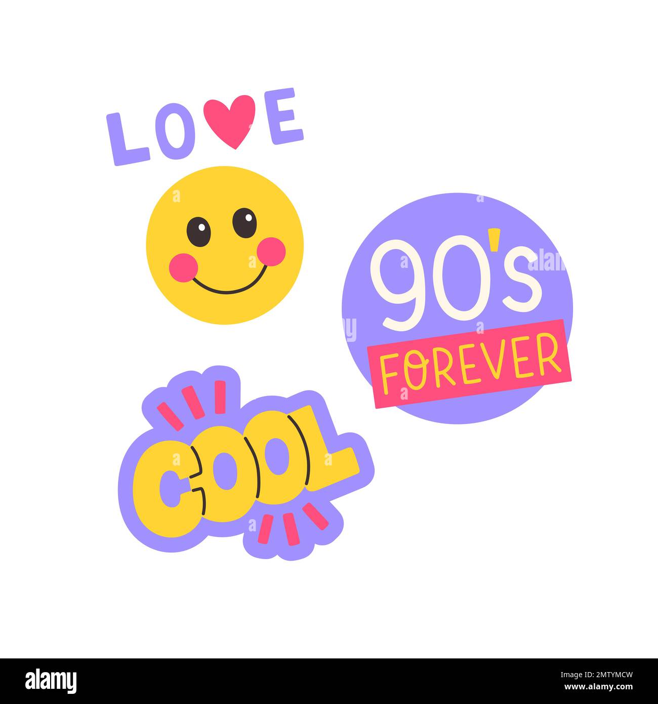 Autocollants Pop Art. Collections de jolies écussons Emoji Smile. Jeu de patchs tendance Cool. Illustration de Vecteur