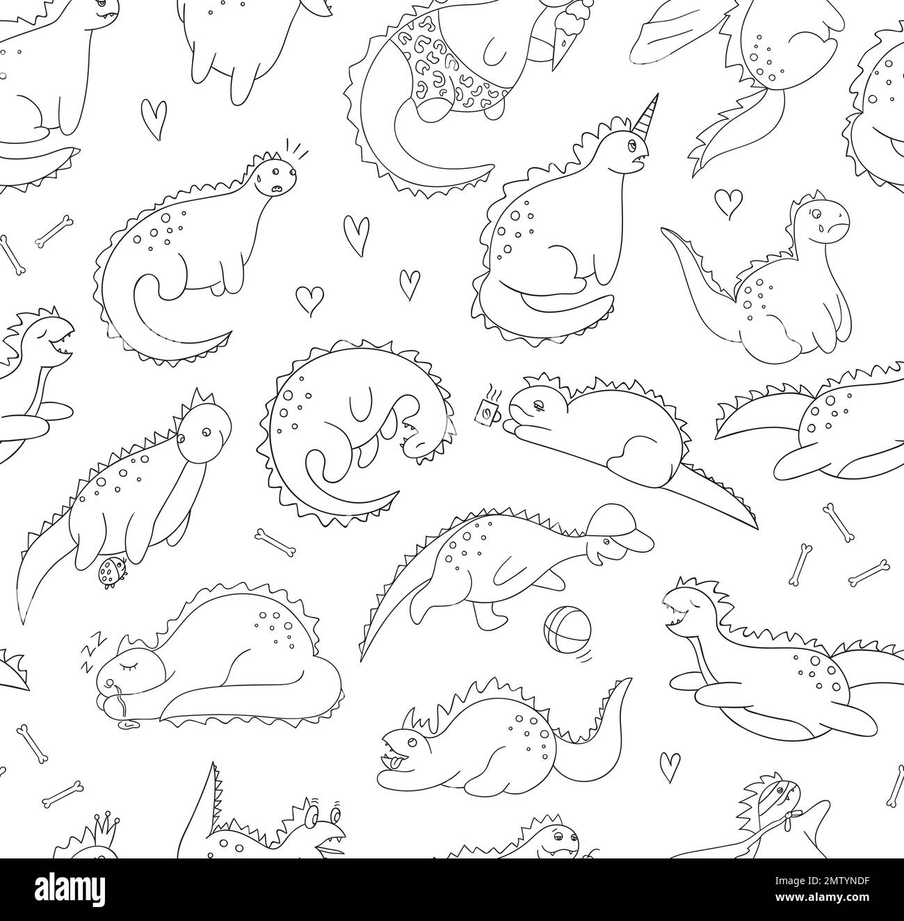 Vecteur sans couture modèle de dinosaures noir et blanc drôle dans différentes poses. Fond de dino de bande dessinée en style dessin animé. Dessin de ligne Doodle de sarcasti Illustration de Vecteur