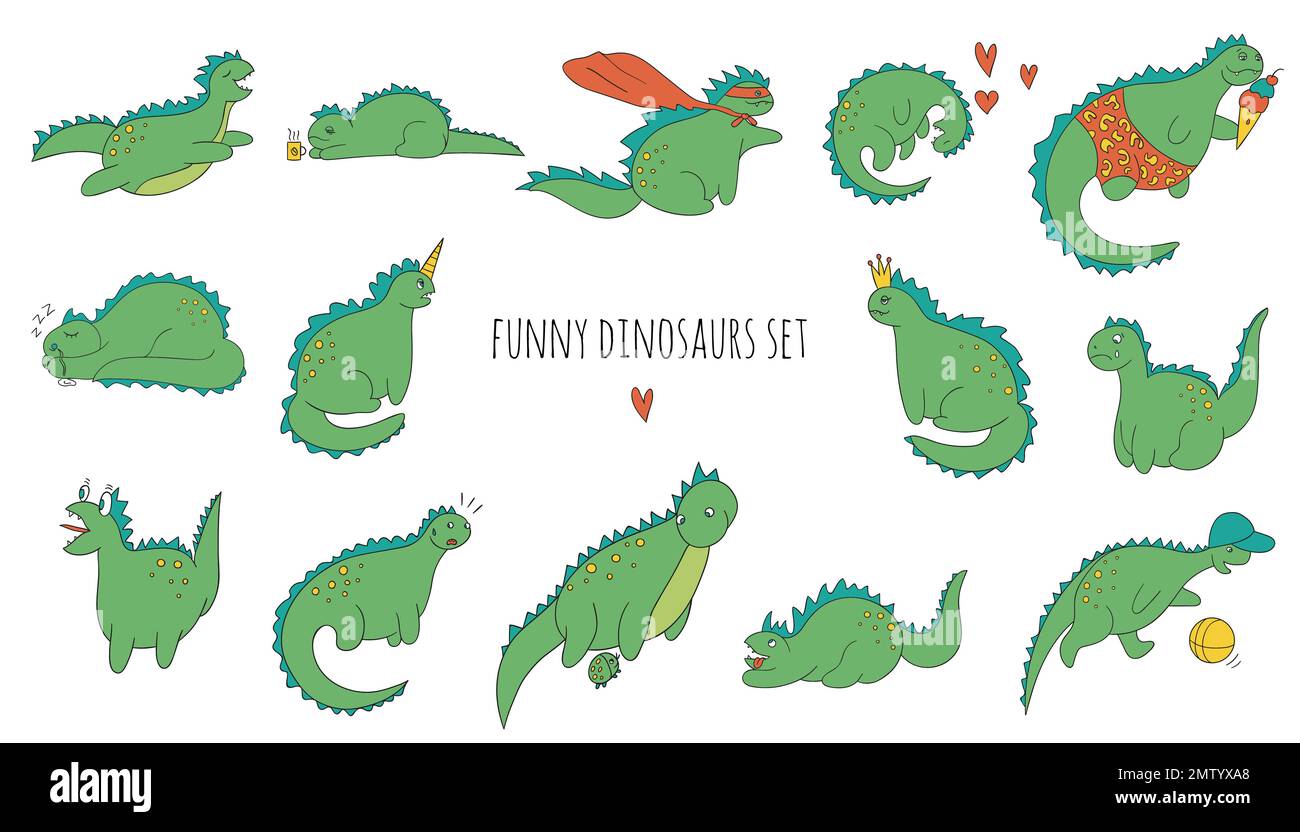 Ensemble vectoriel de dinosaures de couleur drôle dans différentes poses. Concept de dino comique en style dessin animé. Dessin Doodle de reptiles sarcastiques Illustration de Vecteur