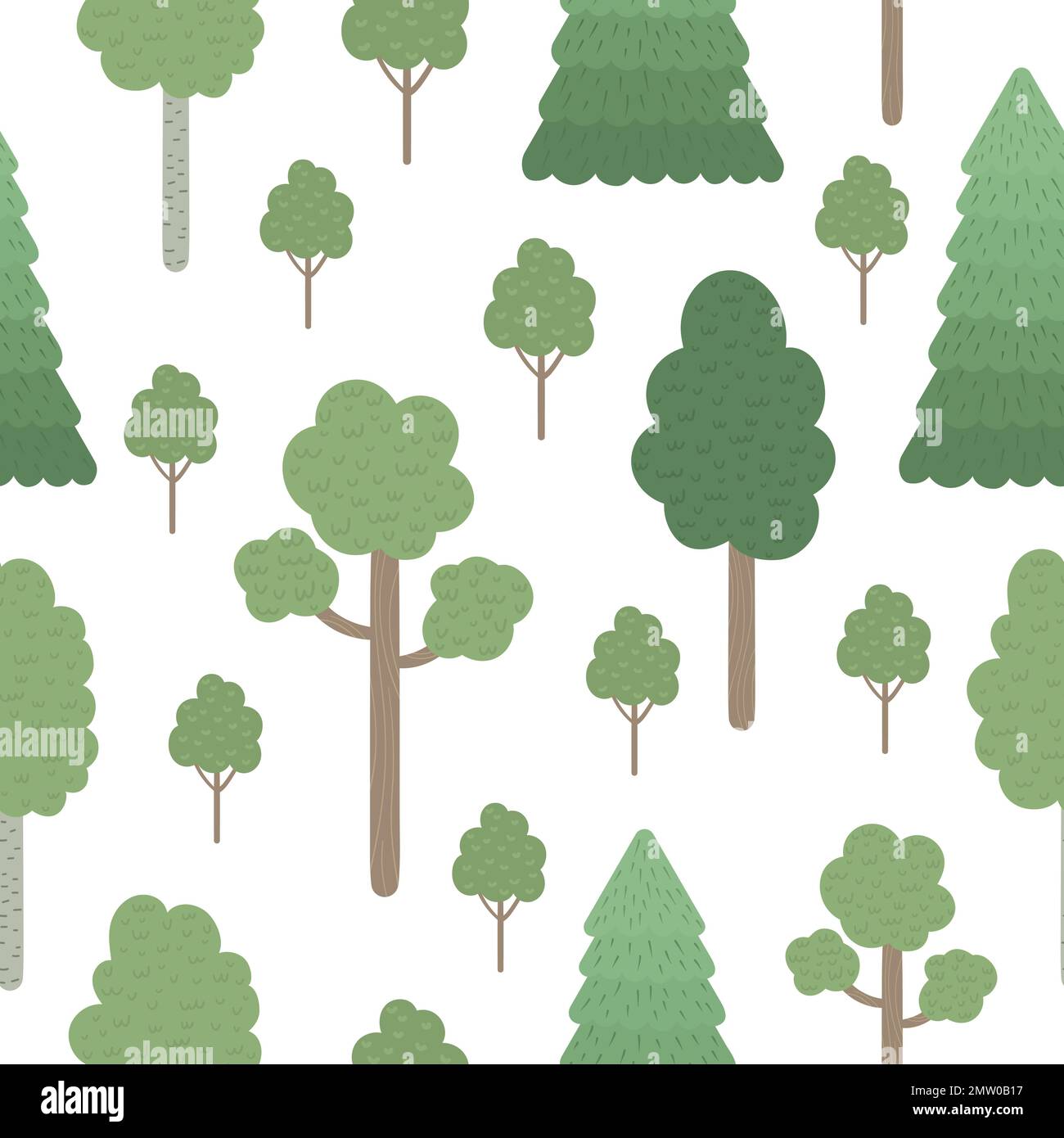 Motif vectoriel sans couture d'arbres plats dessinés à la main et isolés sur fond blanc. Répéter le fond des plantes forestières pour la conception des enfants. Illustration de Vecteur