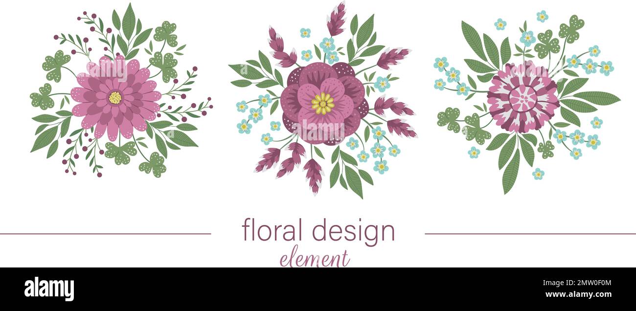 Ensemble d'éléments décoratifs ronds à motif fleuri vectoriel. Illustration plate tendance avec fleurs, feuilles, branches. Collection d'œuvres d'art de prairie, bois, forêt. Illustration de Vecteur