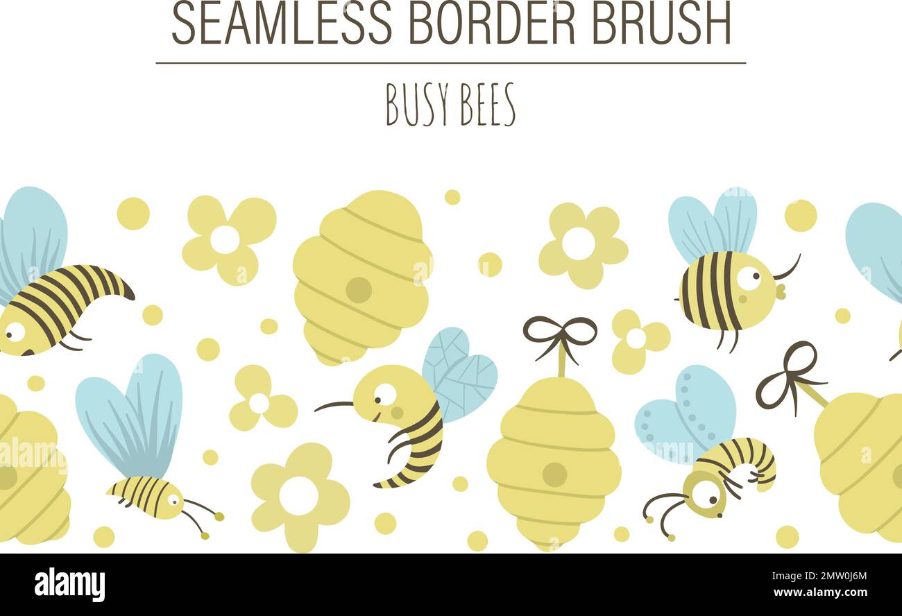 Pinceau plat à motif vectoriel dessiné à la main avec ruche, abeilles, fleurs. Joli drôle chiildish répétition de la bordure sur le thème de production de miel. Illustration de Vecteur