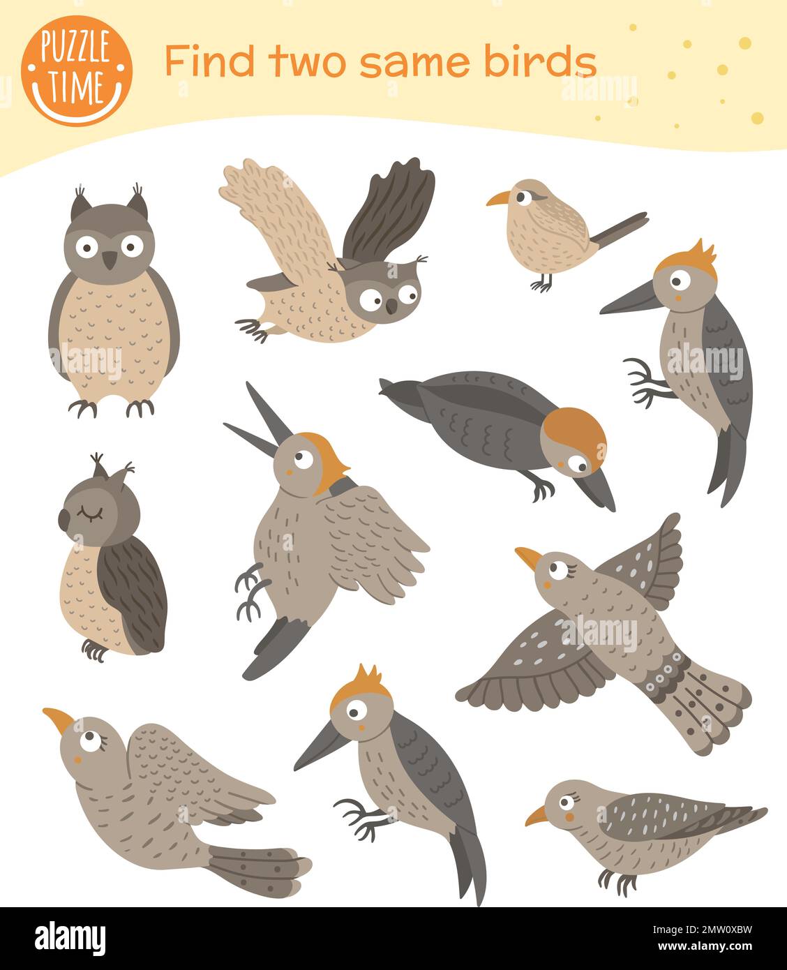 Trouvez deux oiseaux identiques. Activité correspondante pour les enfants d'âge préscolaire. Jeu de bois amusant pour les enfants. Feuille de travail du questionnaire logique. Illustration de Vecteur