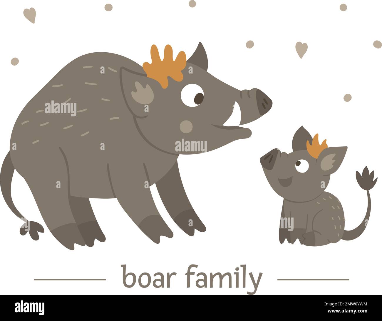 Boar plat vectoriel dessiné à la main avec parent. Drôle de scène d'animaux de bois montrant l'amour de famille. Illustration animée de la forêt mignonne pour les des enfants Illustration de Vecteur