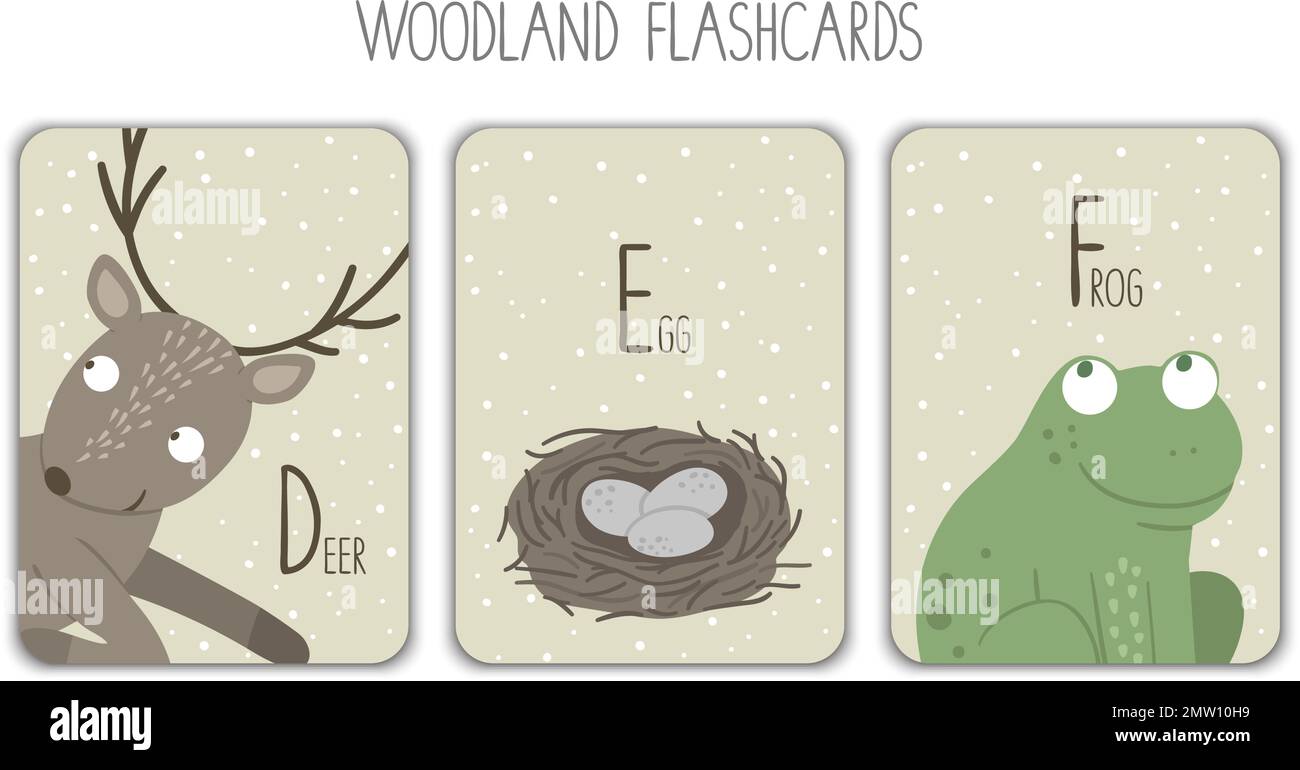 Lettres de l'alphabet colorées D, E, F. Phonics flashcard. Cartes ABC sur le thème des bois mignons pour enseigner la lecture avec des oiseaux, des cerfs et des œufs amusants. Illustration de Vecteur