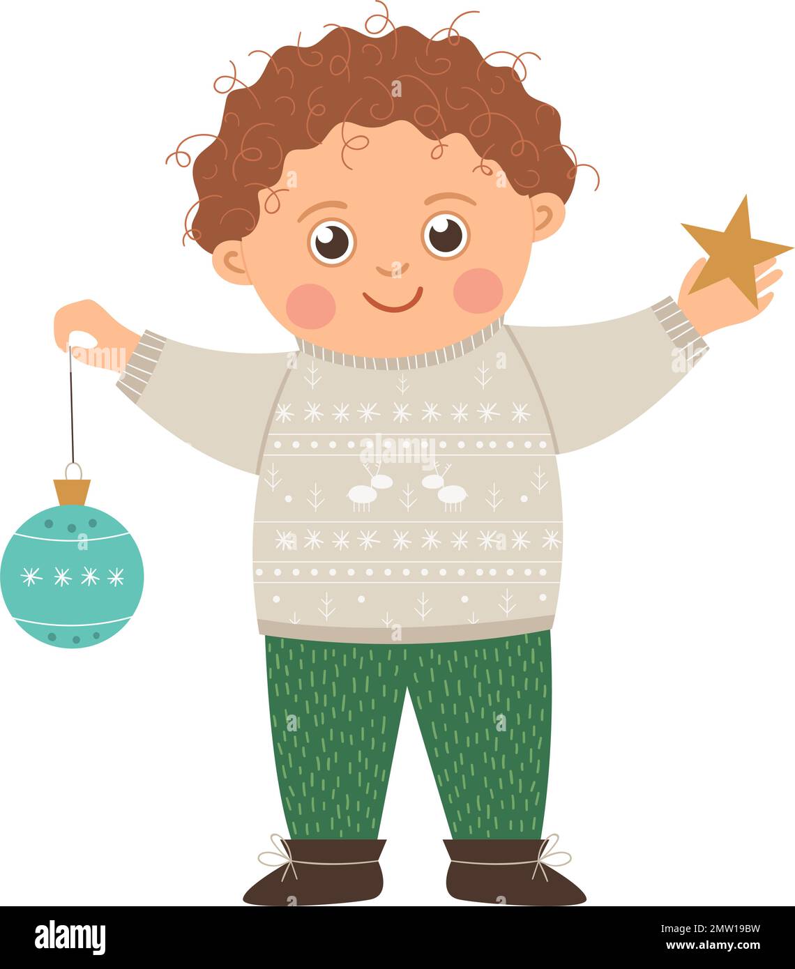 Vecteur Happy boy en chandail avec cheveux bruns bouclés tenant une boule de Noël et une étoile. Jolie illustration enfant d'hiver isolée sur fond blanc. Fonction Illustration de Vecteur