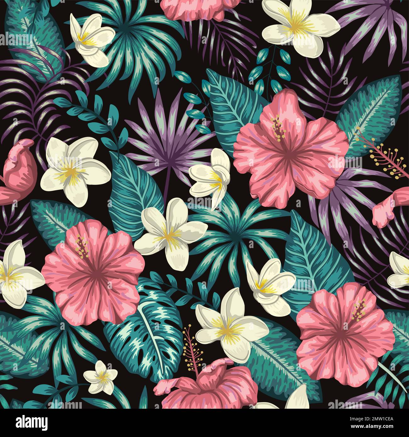 Motif vectoriel sans couture de feuilles tropicales vertes avec fleurs de plumeria et d'hibiscus sur fond noir. En été ou au printemps, répétition de la toile de fond tropicale. Ex Illustration de Vecteur