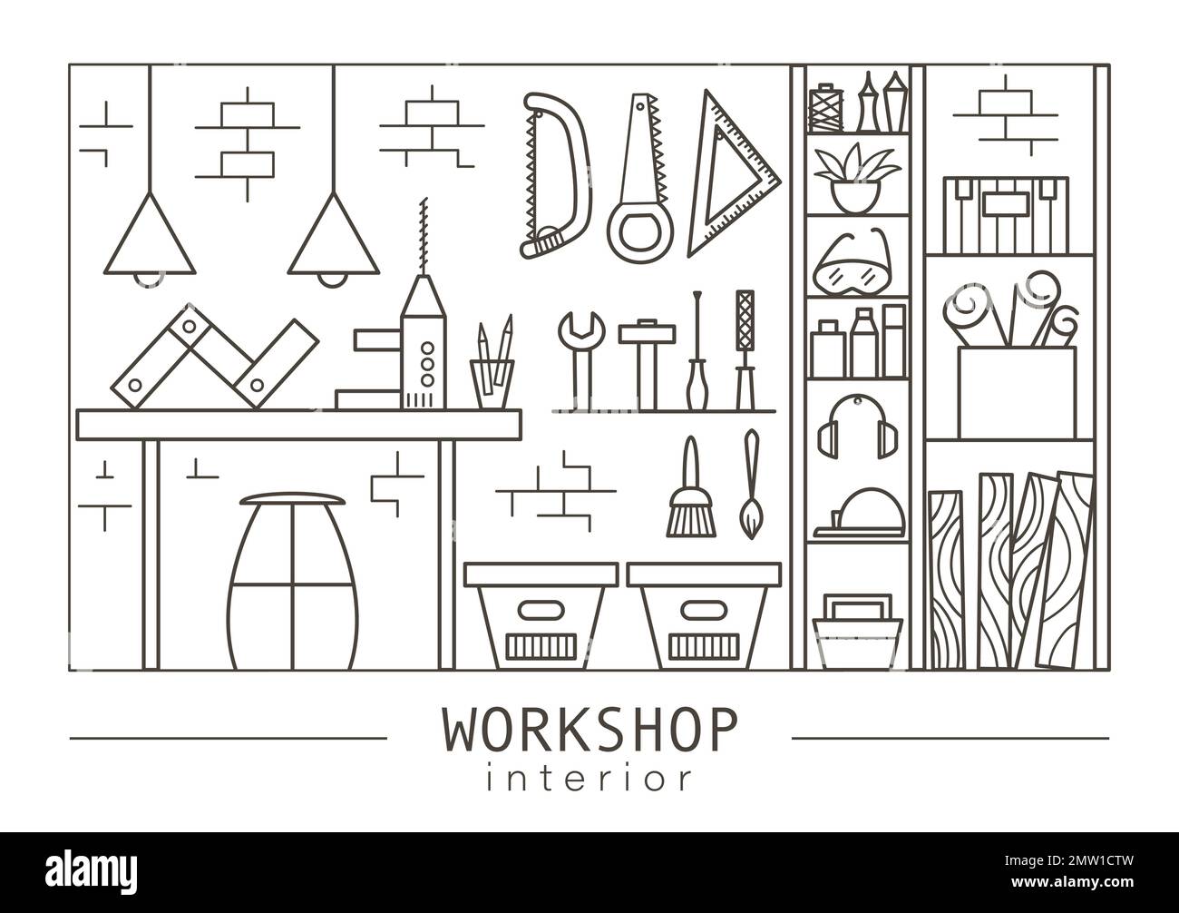 Intérieur d'atelier Vector Linear Art. Dessin de lignes noir et blanc de différents outils et équipements avec établi, armoire, étagères, boîtes. Menuisier Illustration de Vecteur