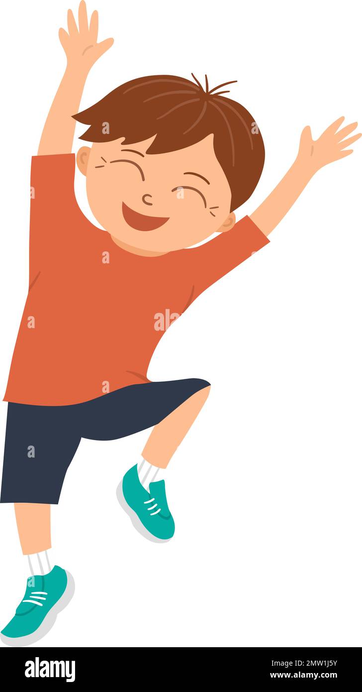 Vecteur souriant garçon sautant avec joie et bonheur avec ses mains vers le haut. Joyeux, ravi, joyeux personnage d'enfant. Une image hilarante pour les enfants de Illustration de Vecteur