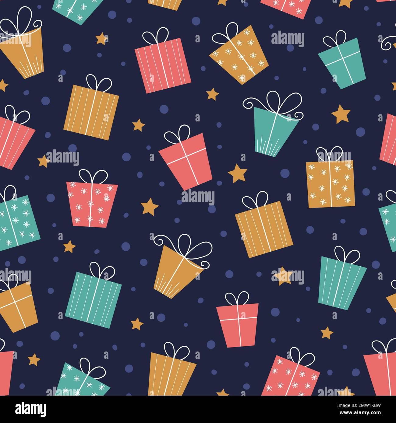Motif de Noël vectoriel sans coutures avec différents cadeaux sur fond bleu foncé. Motif de répétition amusant des symboles du nouvel an. Style plat de Noël Illustration de Vecteur