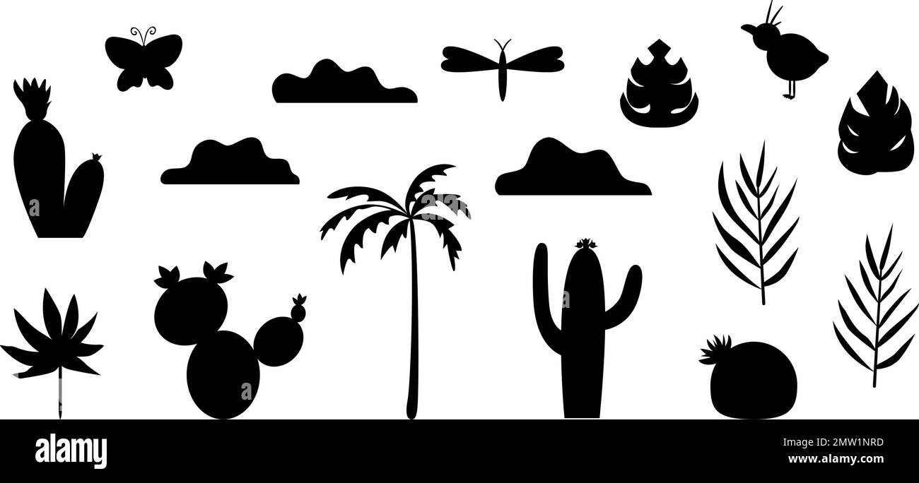 Ensemble vectoriel de silhouettes tropicales. Illustration noire et blanche du palmier, cactus, nuages, feuilles. Pochoirs amusants et mignons sur le thème du désert ou de la jungle. Illustration de Vecteur Ensemble vectoriel de silhouettes tropicales. Illustration noire et blanche du palmier, cactus, nuages, feuilles. Pochoirs amusants et mignons sur le thème du désert ou de la jungle. Illustration de Vecteur