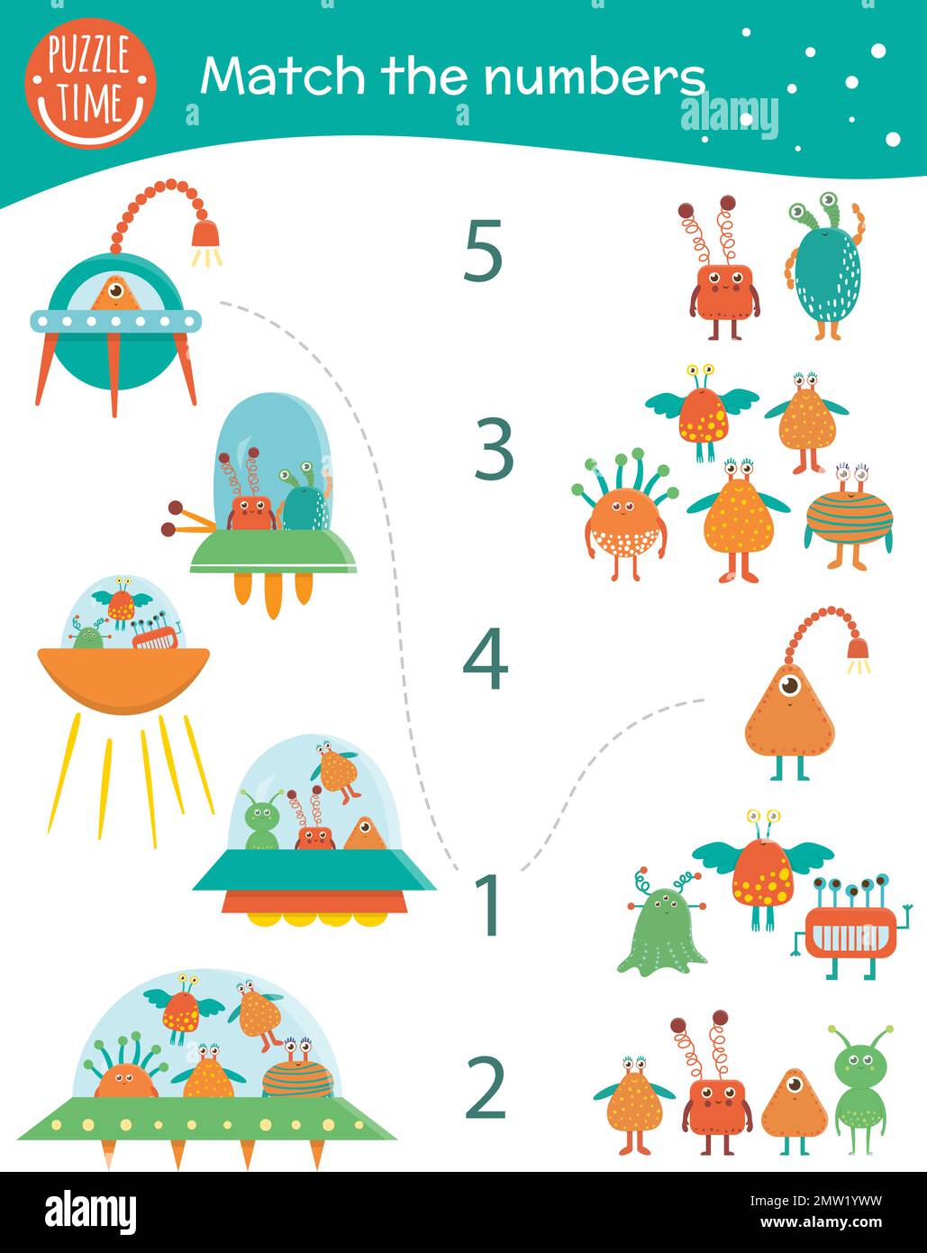 Match avec des étrangers et des OVNIS. Activité de mathématiques spatiales pour les enfants d'âge préscolaire. Feuille de calcul. Énigme éducative avec des personnages drôles mignons. Illustration de Vecteur