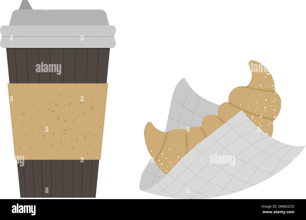 1647 illustration vectorielle plate d'un croissant avec une tasse de café à emporter. Icône pâtisserie française et boisson chaude. Petit déjeuner rapide plat texturé isolé sur blanc Illustration de Vecteur
