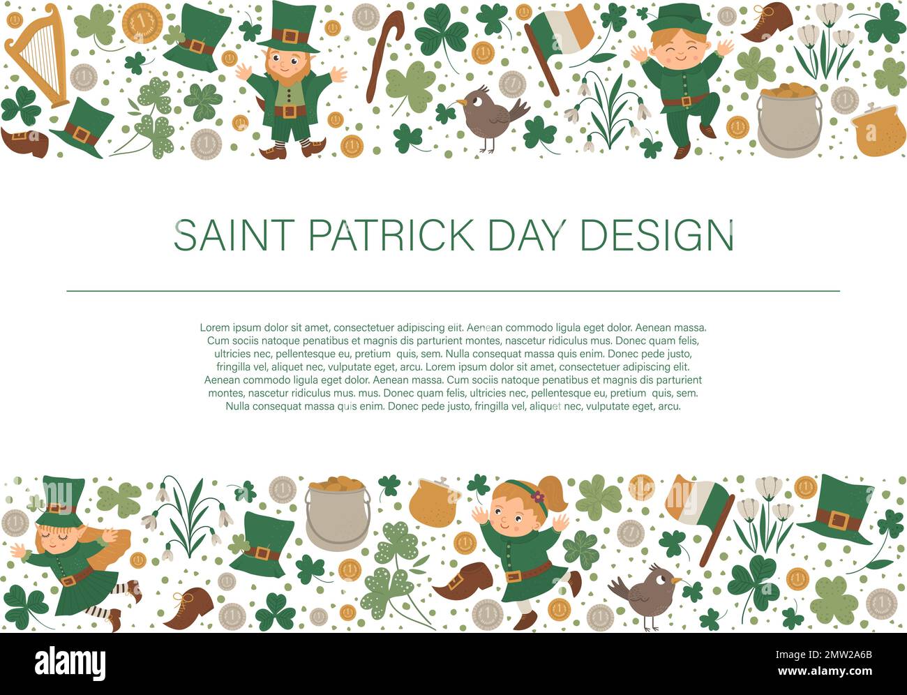 Vector Saint Patrick’s Day cadre horizontal bordure avec leprechaun, shamrock isolé sur fond blanc. Bannière sur le thème des vacances en Irlande ou Invit Illustration de Vecteur