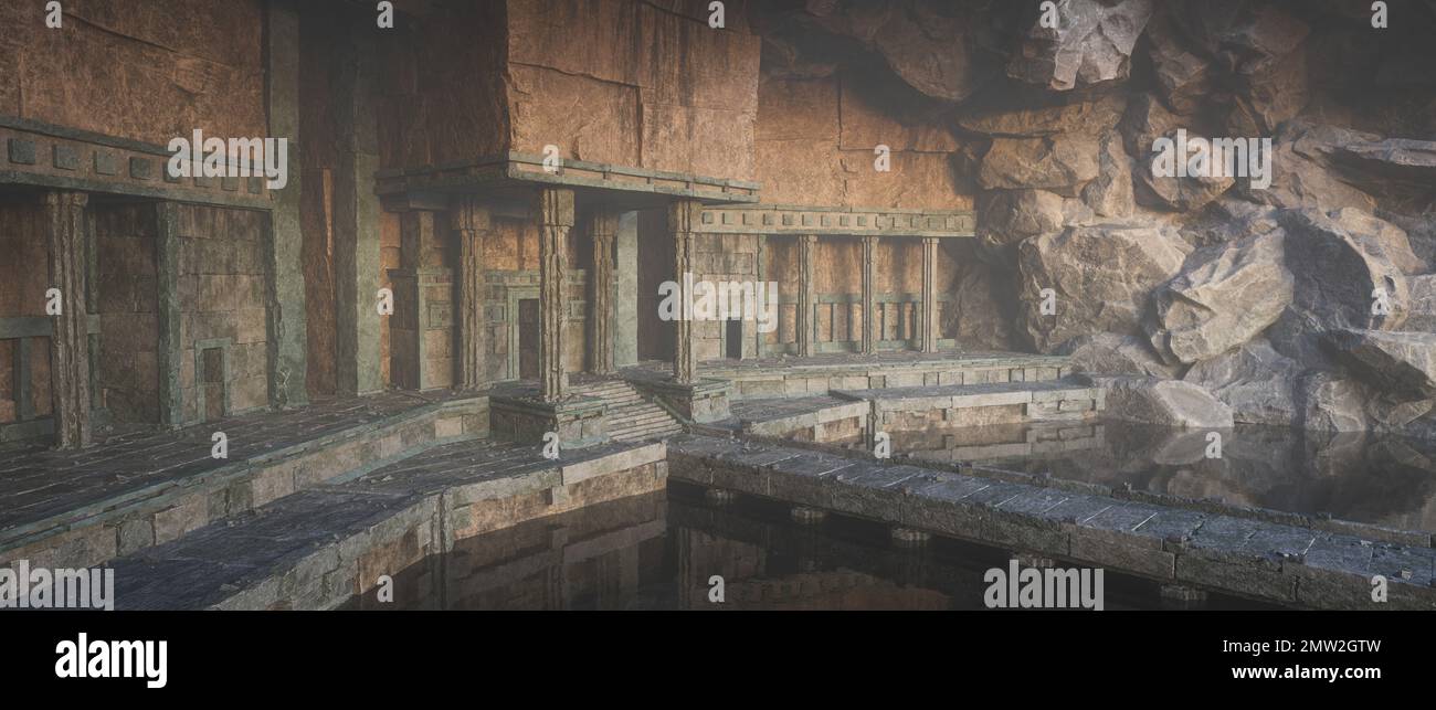 Grande illustration cinématographique en 3D d'un vieux temple de rêve souterrain dans une grotte de montagne. Banque D'Images