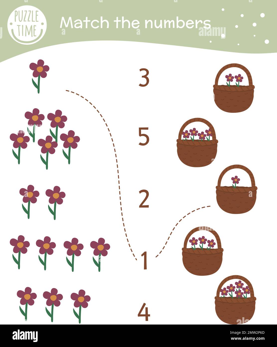 Jeu assorti avec fleurs et paniers. Activité mathématique de la Saint Patrick pour les enfants d’âge préscolaire. Feuille de calcul du printemps. Énigme pédagogique avec c Illustration de Vecteur