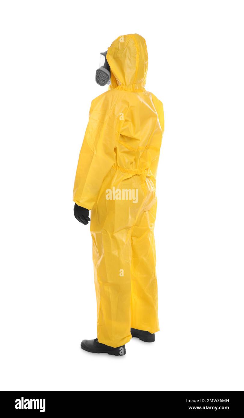 Femme portant une combinaison de protection contre les produits chimiques  sur fond blanc. Recherche de virus Photo Stock - Alamy