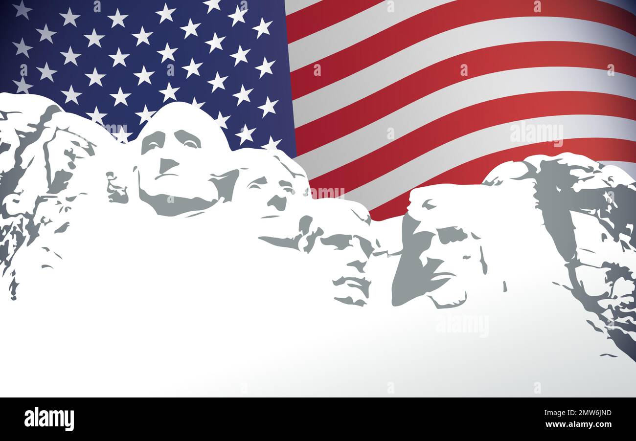Historique de la Presidents Day avec Mount Rushmore et le drapeau des États-Unis. Design Happy President's Day avec quatre présidents américains. Illustration vectorielle Illustration de Vecteur