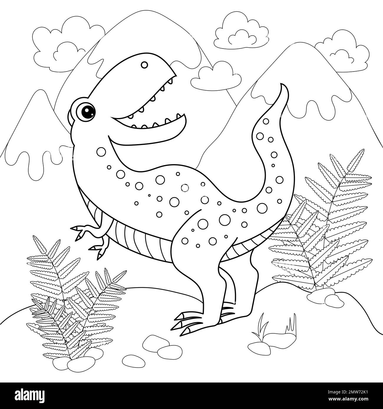 Dinosaure tyrannosaurus en arrière-plan du paysage. Illustration linéaire noir et blanc. Pour la conception des livres de coloriage, des imprimés, des poses pour enfants Illustration de Vecteur