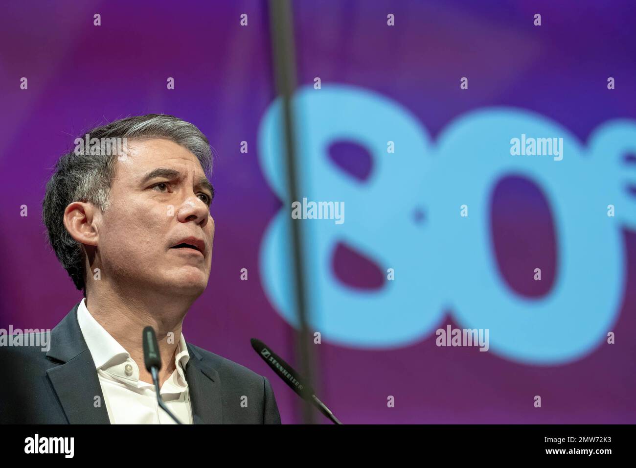 Marseille, France. 29th janvier 2023. Olivier Faure, Premier secrétaire réélu, prononce le discours de clôture du Congrès du Parti socialiste de 80th. Le Congrès 80th du Parti socialiste s'est tenu à Marseille, au Palais du Pharo du 27 au 29 janvier 2023, Dans le contexte de la contestation des résultats proclamés le 13 janvier du vote interne des militants qui ont renouvelé le mandat d'Olivier Faure en tant que Premier secrétaire. (Photo de Laurent Coust/SOPA Images/Sipa USA) crédit: SIPA USA/Alay Live News Banque D'Images