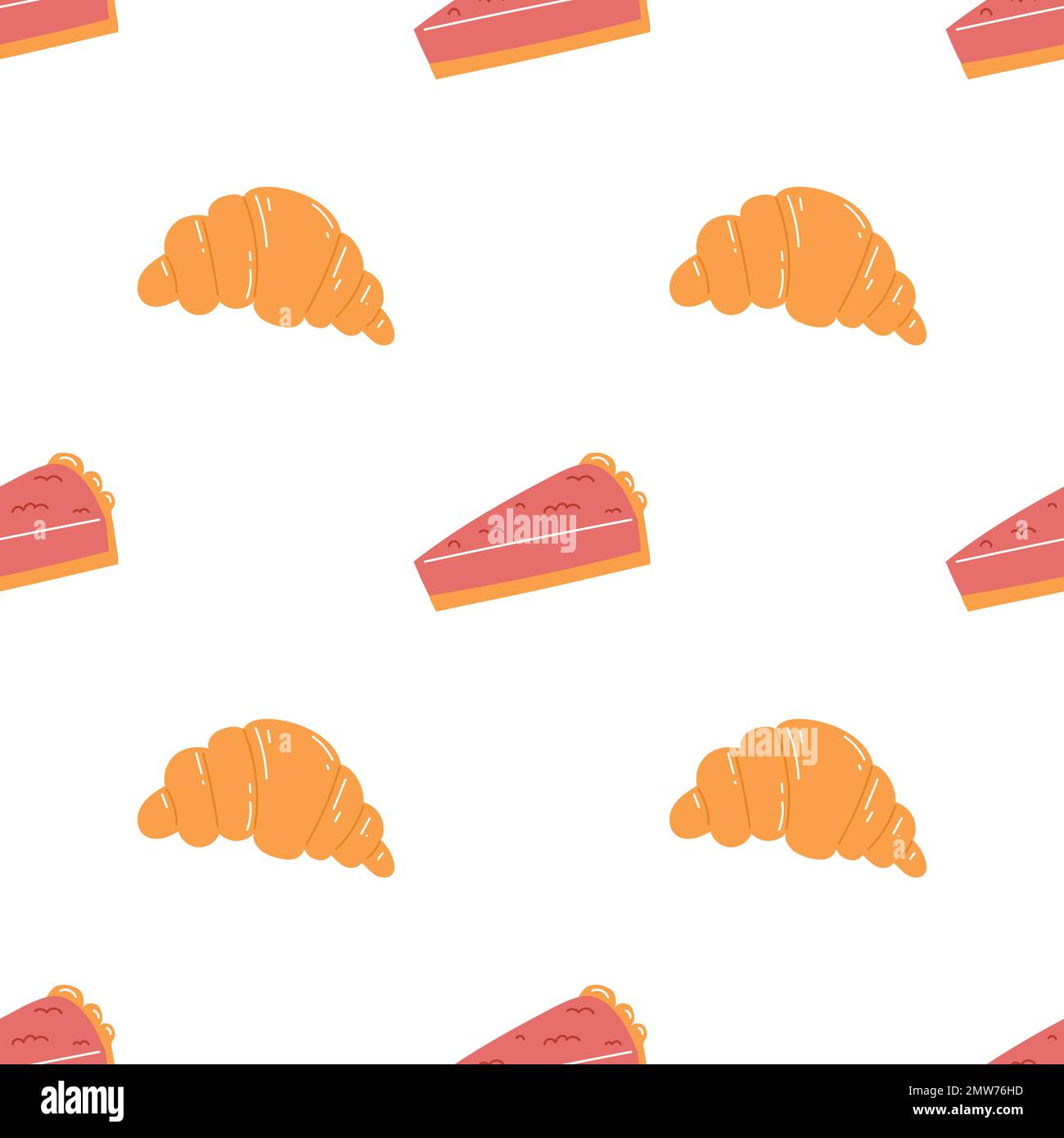 Motif sans couture avec croissant et gâteau. Fond de pâte vectoriel plat, produit de boulangerie, encas. Illustration de Vecteur