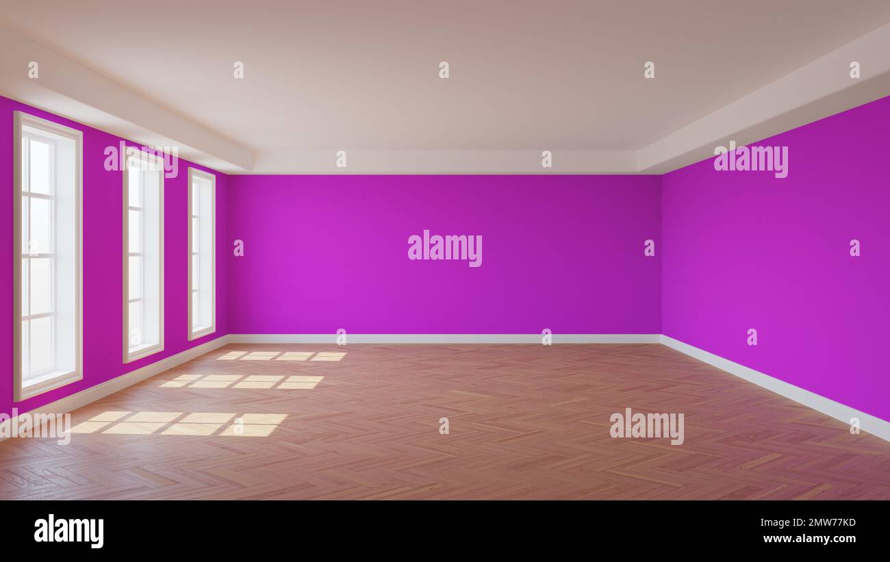 Chambre vide avec murs en stuc rose, trois fenêtres, plafond blanc Cornice, parquet brillant à chevrons et un pied blanc. 3D illustration avec un chemin de travail dans la fenêtre. 8K Ultra HD, 7680 x 4320 Banque D'Images