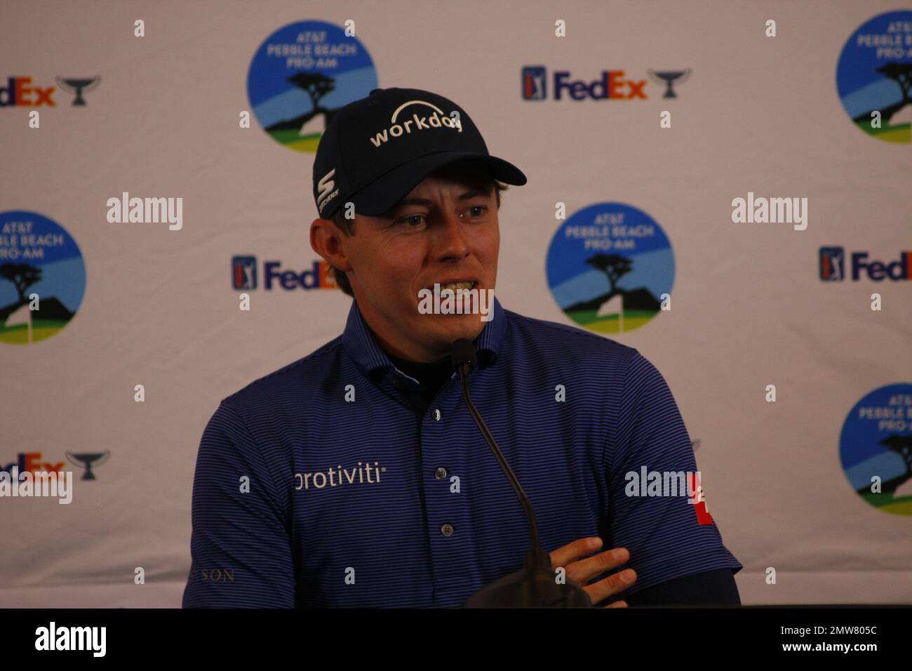 1st février 2023 le champion anglais de l'US Open - Matt Fitzpatrick s'adresse aux médias avant le début du tournoi DE golf AT&T Pro-Am PGA, à Pebble Beach Links à partir de demain. Crédit : Motofoto/Alay Live News Banque D'Images