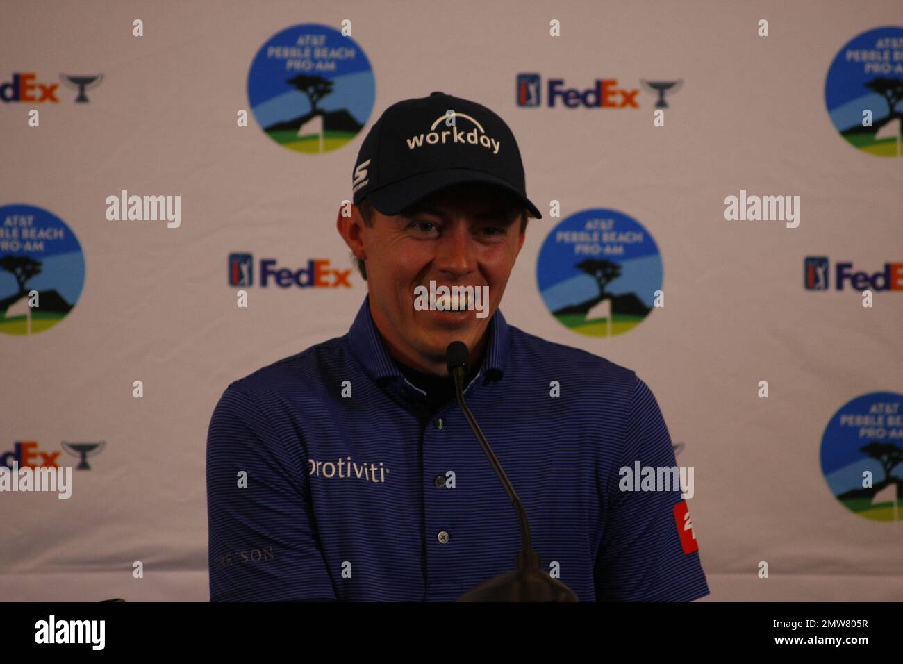 1st février 2023 le champion anglais de l'US Open - Matt Fitzpatrick s'adresse aux médias avant le début du tournoi DE golf AT&T Pro-Am PGA, à Pebble Beach Links à partir de demain. Crédit : Motofoto/Alay Live News Banque D'Images