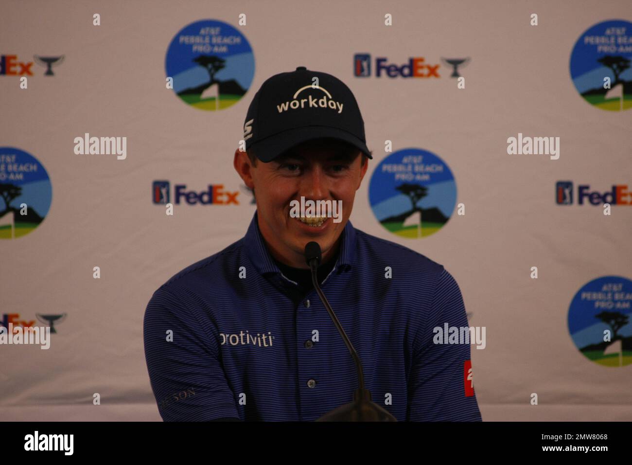 1st février 2023 le champion anglais de l'US Open - Matt Fitzpatrick s'adresse aux médias avant le début du tournoi DE golf AT&T Pro-Am PGA, à Pebble Beach Links à partir de demain. Crédit : Motofoto/Alay Live News Banque D'Images