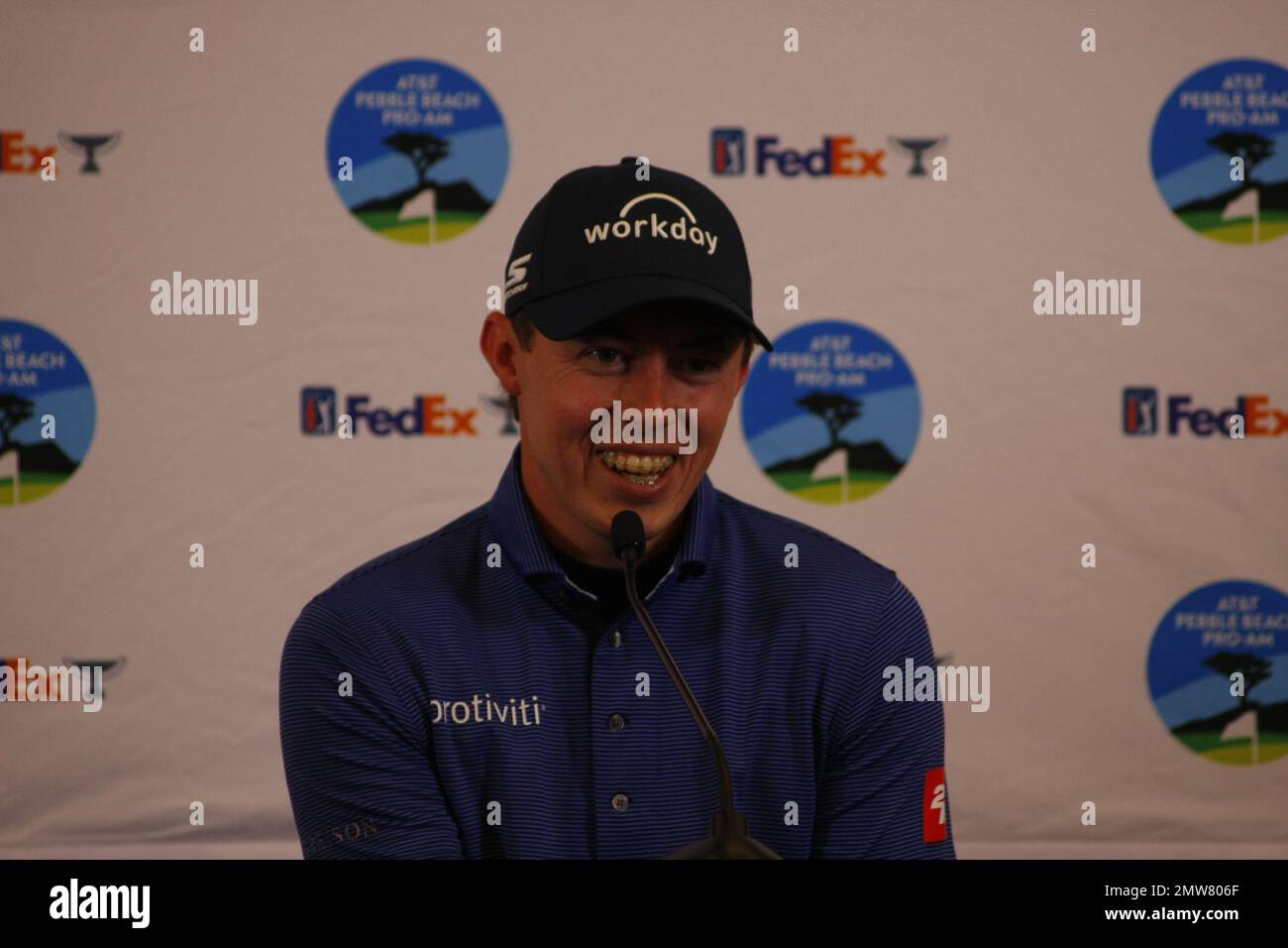 1st février 2023 le champion anglais de l'US Open - Matt Fitzpatrick s'adresse aux médias avant le début du tournoi DE golf AT&T Pro-Am PGA, à Pebble Beach Links à partir de demain. Crédit : Motofoto/Alay Live News Banque D'Images