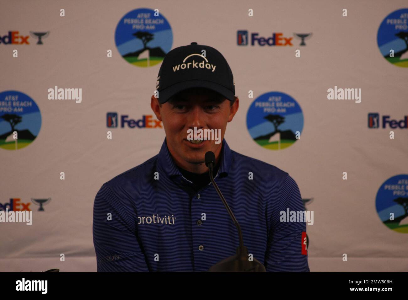 1st février 2023 le champion anglais de l'US Open - Matt Fitzpatrick s'adresse aux médias avant le début du tournoi DE golf AT&T Pro-Am PGA, à Pebble Beach Links à partir de demain. Crédit : Motofoto/Alay Live News Banque D'Images