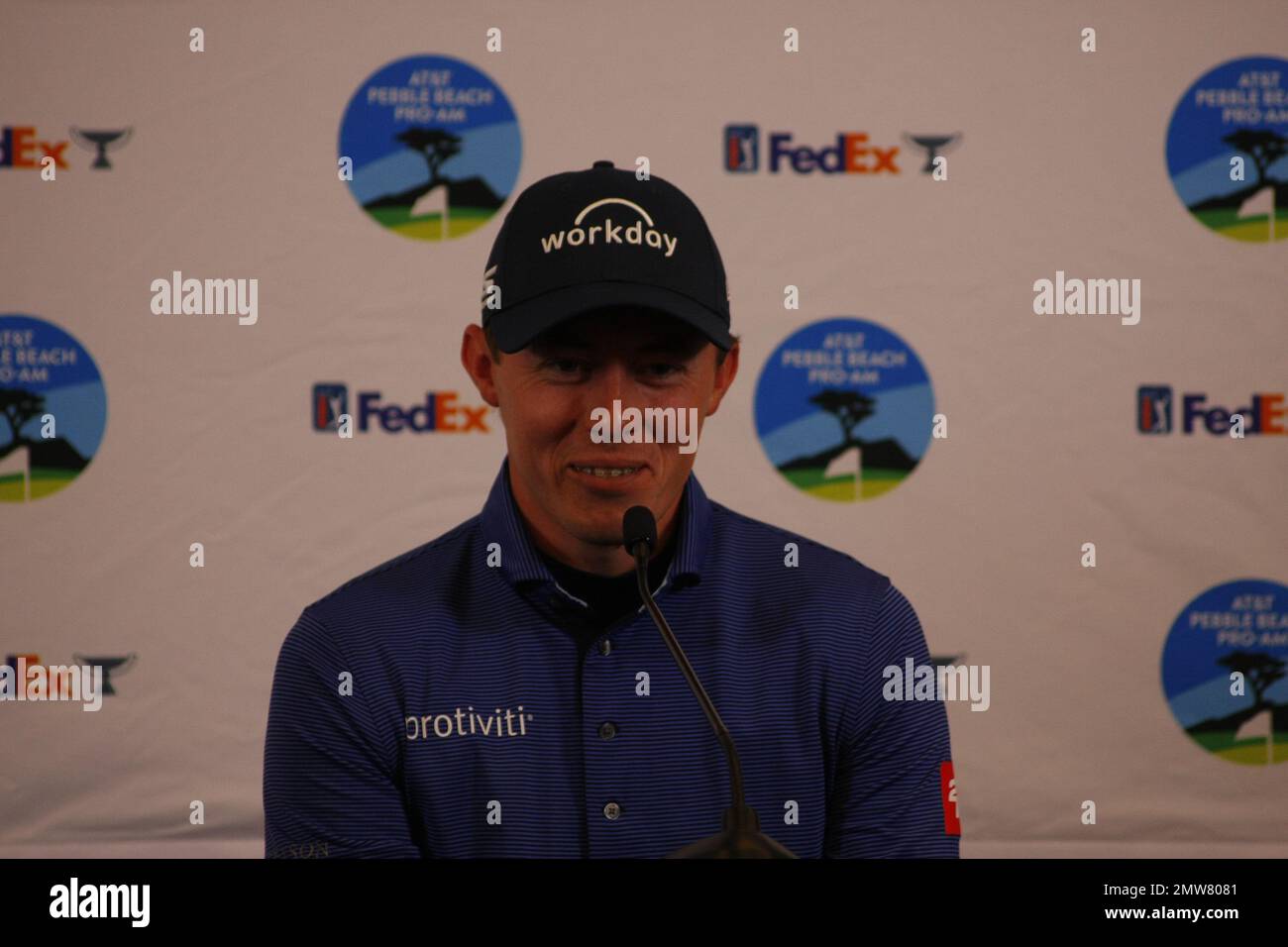 1st février 2023 le champion anglais de l'US Open - Matt Fitzpatrick s'adresse aux médias avant le début du tournoi DE golf AT&T Pro-Am PGA, à Pebble Beach Links à partir de demain. Crédit : Motofoto/Alay Live News Banque D'Images