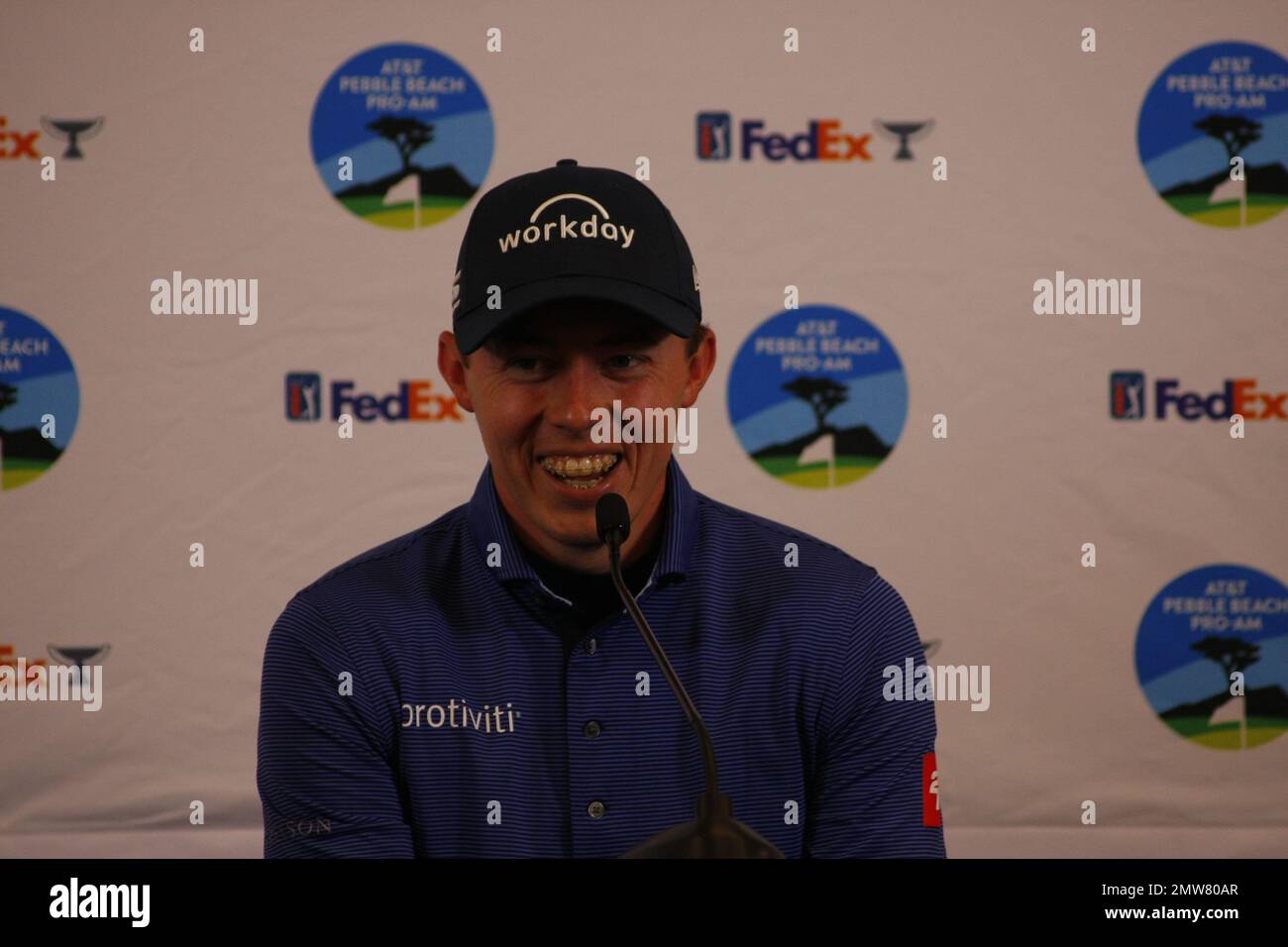 1st février 2023 le champion anglais de l'US Open - Matt Fitzpatrick s'adresse aux médias avant le début du tournoi DE golf AT&T Pro-Am PGA, à Pebble Beach Links à partir de demain. Crédit : Motofoto/Alay Live News Banque D'Images