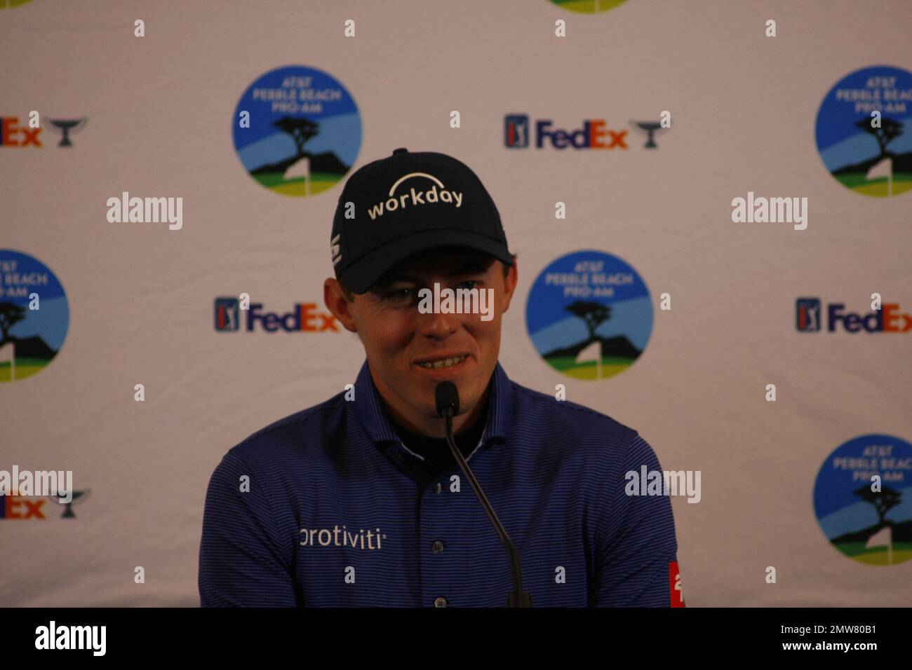 1st février 2023 le champion anglais de l'US Open - Matt Fitzpatrick s'adresse aux médias avant le début du tournoi DE golf AT&T Pro-Am PGA, à Pebble Beach Links à partir de demain. Crédit : Motofoto/Alay Live News Banque D'Images