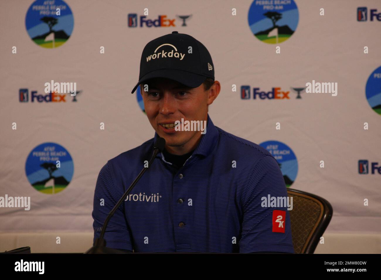 1st février 2023 le champion anglais de l'US Open - Matt Fitzpatrick s'adresse aux médias avant le début du tournoi DE golf AT&T Pro-Am PGA, à Pebble Beach Links à partir de demain. Crédit : Motofoto/Alay Live News Banque D'Images