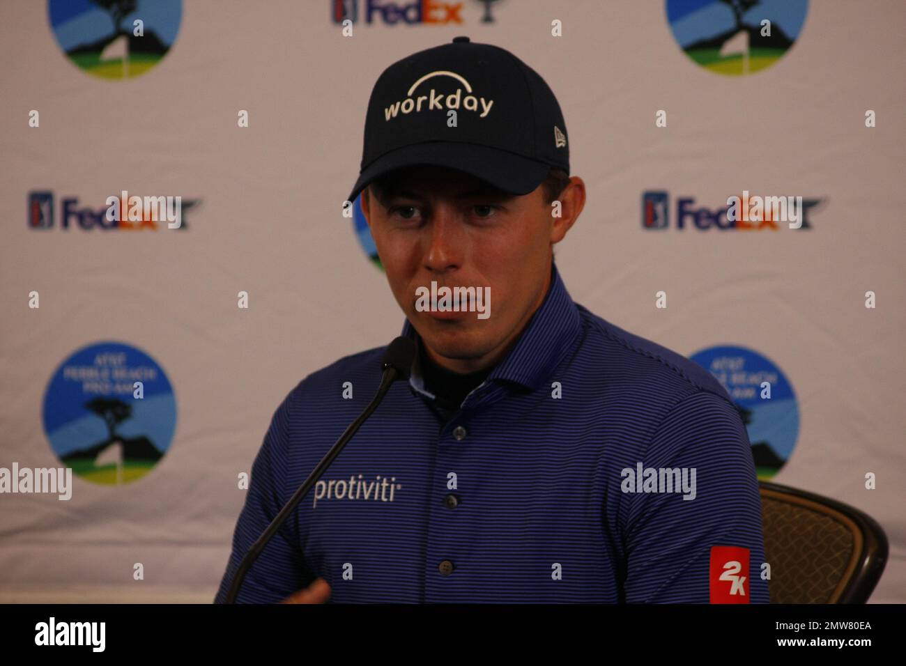 1st février 2023 le champion anglais de l'US Open - Matt Fitzpatrick s'adresse aux médias avant le début du tournoi DE golf AT&T Pro-Am PGA, à Pebble Beach Links à partir de demain. Crédit : Motofoto/Alay Live News Banque D'Images