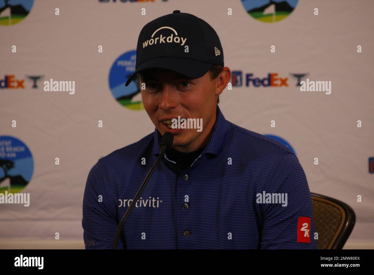 1st février 2023 le champion anglais de l'US Open - Matt Fitzpatrick s'adresse aux médias avant le début du tournoi DE golf AT&T Pro-Am PGA, à Pebble Beach Links à partir de demain. Crédit : Motofoto/Alay Live News Banque D'Images