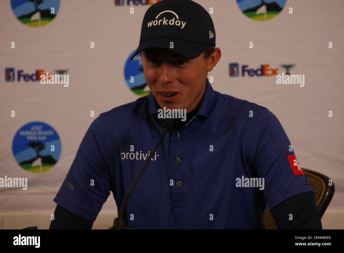 1st février 2023 le champion anglais de l'US Open - Matt Fitzpatrick s'adresse aux médias avant le début du tournoi DE golf AT&T Pro-Am PGA, à Pebble Beach Links à partir de demain. Crédit : Motofoto/Alay Live News Banque D'Images
